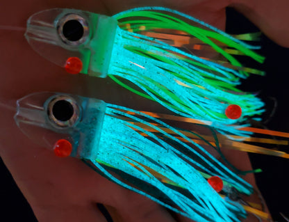 green FlatHead Trolling Flies - 2pcs - glowing in palm of hand Fisher Tackle Company
