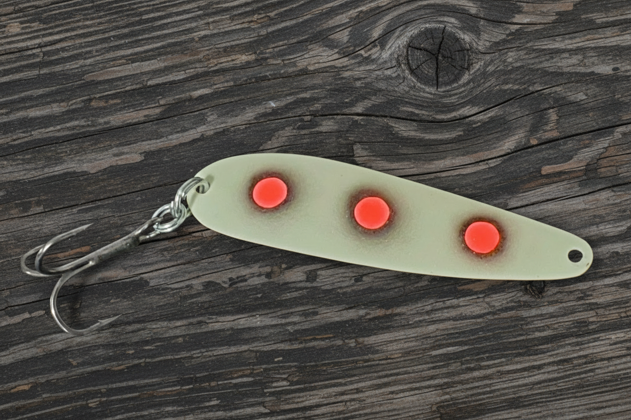 Fisher Tackle UltraMega Glow 'Red Eyes' salmon trolling spoon with teal glow base and 3 large fluorescent red dots fringed in black in daylight