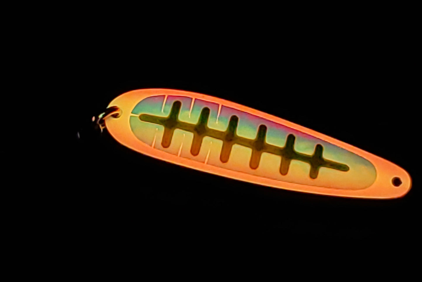 UltraMega Glow 'Fire Toe' Spoon - Fisher Tackle Company  Salmon trolling spoon with Hot Orange glow base and hot red sides with fluorescent yellow holographic ladder glowing in th dark