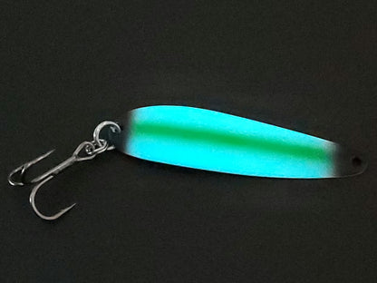 Fisher Tackle UltraMega Glow 'Black Tip' salmon trolling spoon with Teal glow base, tips and a green stripe glowing in dark