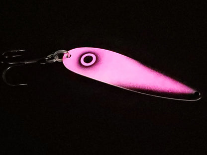Fisher Tackle UltraMega Glow 'Screaming Puck Bunny' salmon trolling spoon with Hot Pink glow base, black tips and eye glowing in dark