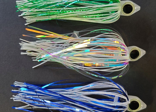 Fisher Tackle SuperGlow BigEye Trolling Fly Skirts for Salmon and Kingfish - 3 pack assortment with silicone and holo mylar on black background