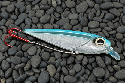 Salmon trolling lure FlatFin Minnow 'Real Deal Blue' in daylight showing realistic pearl to silver to blueish back like an actual alewife when seen over deep water in the great lakes